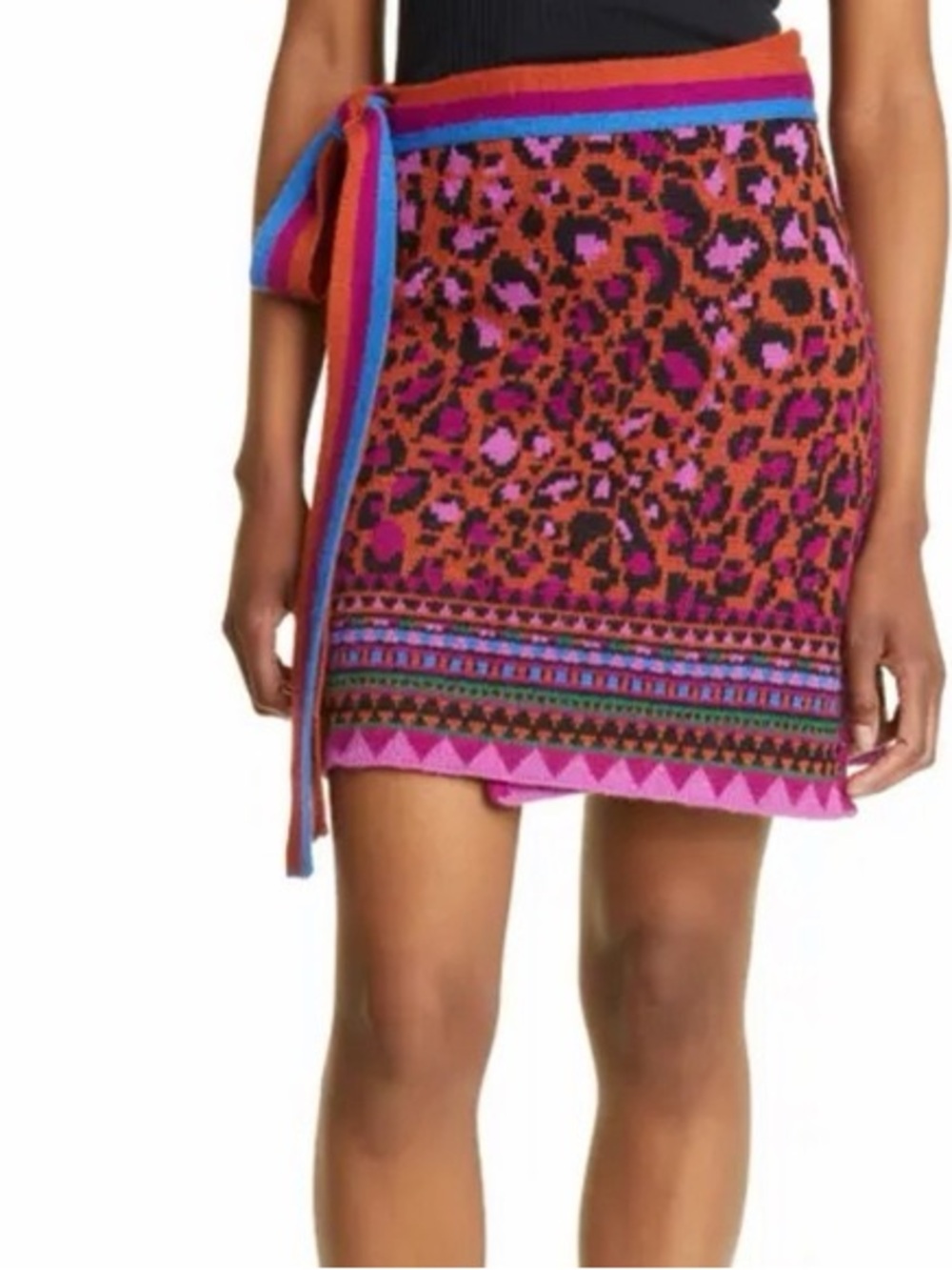 Farm Rio Anika Leopard Sweater Wrap Skirt S